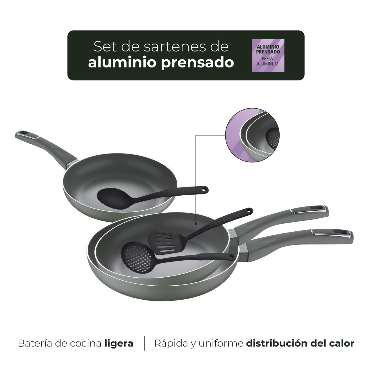 Juego de sartenes (20, 24 y 28 cm) San Ignacio Trebol de aluminio prensado y set de utensilios de cocina en nylon