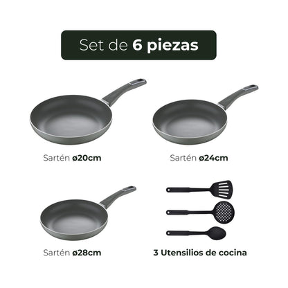 Juego de sartenes (20, 24 y 28 cm) San Ignacio Trebol de aluminio prensado y set de utensilios de cocina en nylon