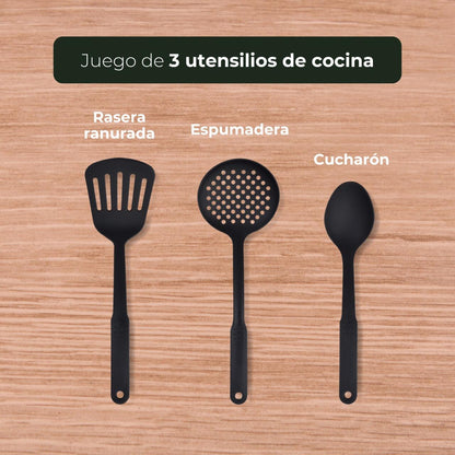 Juego de sartenes (20, 24 y 28 cm) San Ignacio Trebol de aluminio prensado y set de utensilios de cocina en nylon